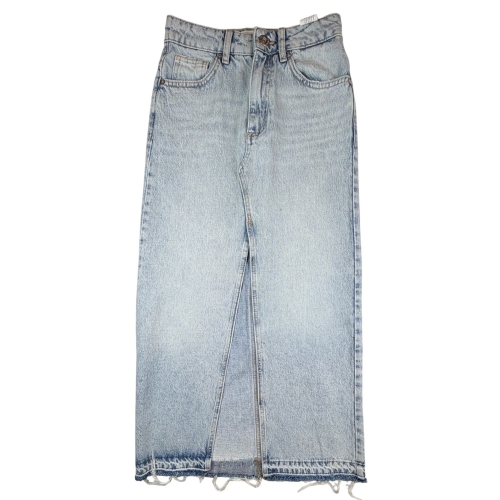 Pull&Bear Womens Light Wash‎ Denim Maxi Skirt Front Slit Raw Hem XS 3396/307/406